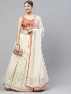 Shubhkala Beige Embellished Mukaish Work Georgette Semi Stitched Lehenga 2