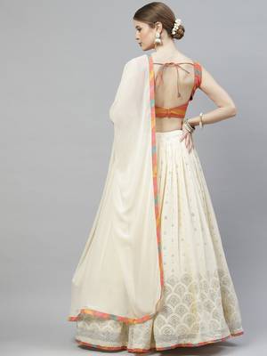 Shubhkala Beige Embellished Mukaish Work Georgette Semi Stitched Lehenga 3