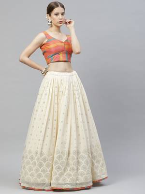 Shubhkala Beige Embellished Mukaish Work Georgette Semi Stitched Lehenga 5