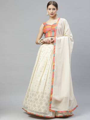 Shubhkala Beige Embellished Mukaish Work Georgette Semi Stitched Lehenga 6