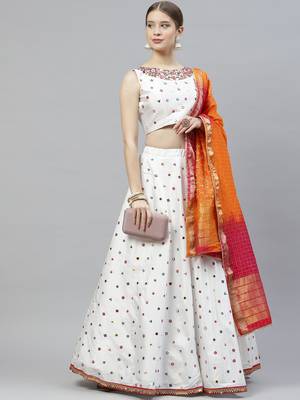 Shubhkala White Thread With Sequance Embroidered With Mirror Work Art Silk Semi Stitched Lehenga 2