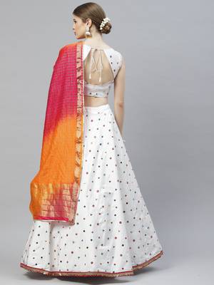 Shubhkala White Thread With Sequance Embroidered With Mirror Work Art Silk Semi Stitched Lehenga 3