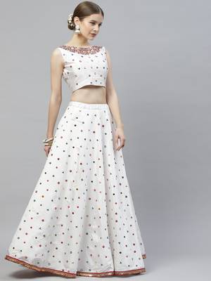 Shubhkala White Thread With Sequance Embroidered With Mirror Work Art Silk Semi Stitched Lehenga 5