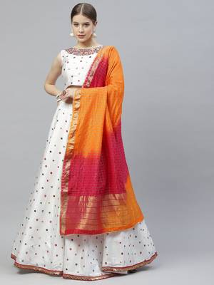 Shubhkala White Thread With Sequance Embroidered With Mirror Work Art Silk Semi Stitched Lehenga 6