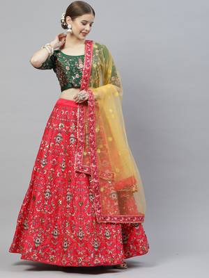 Shubhkala Mesmerizing Red, Green And Yellow Colored Thread And Sequins Embroidered Silk Semi Stitched Wedding Lehenga 1