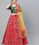 Shubhkala Mesmerizing Red, Green And Yellow Colored Thread And Sequins Embroidered Silk Semi Stitched Wedding Lehenga