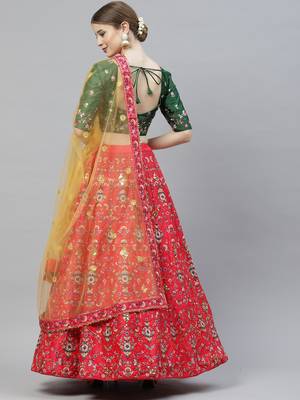 Shubhkala Mesmerizing Red, Green And Yellow Colored Thread And Sequins Embroidered Silk Semi Stitched Wedding Lehenga 2