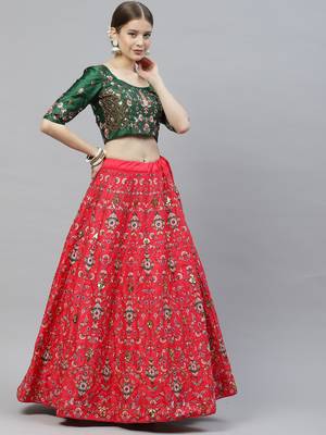 Shubhkala Mesmerizing Red, Green And Yellow Colored Thread And Sequins Embroidered Silk Semi Stitched Wedding Lehenga 4