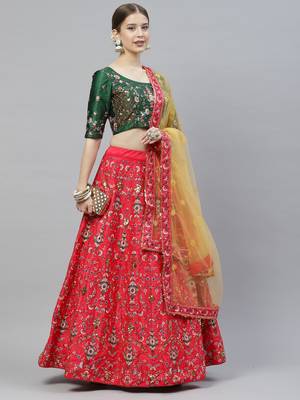 Shubhkala Mesmerizing Red, Green And Yellow Colored Thread And Sequins Embroidered Silk Semi Stitched Wedding Lehenga 5