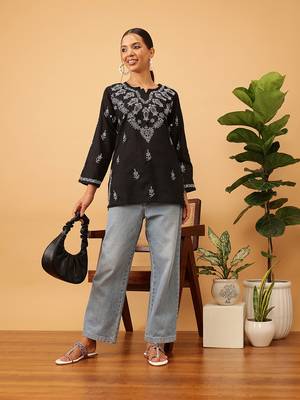 Cotton Black Embroidered Chikankari Quarter Sleeve Stitched Women Short Kurti 5