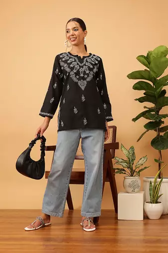 Cotton Black Embroidered Chikankari Quarter Sleeve Stitched Women Short Kurti