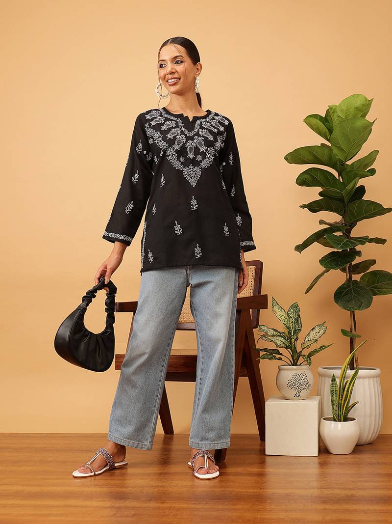 Cotton Black Embroidered Chikankari Quarter Sleeve Stitched Women Short Kurti