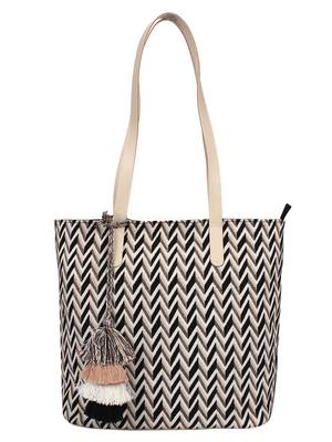 Chevron Cotton Jacquard & PU Tote Bag Beige & Black 1