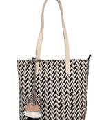 Chevron Cotton Jacquard & PU Tote Bag Beige & Black