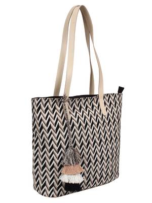 Chevron Cotton Jacquard & PU Tote Bag Beige & Black 2