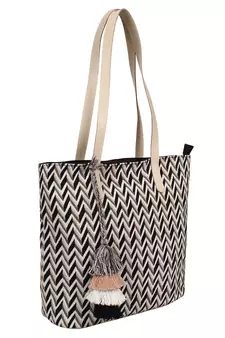 Chevron Cotton Jacquard & PU Tote Bag Beige & Black
