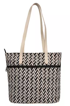 Chevron Cotton Jacquard & PU Tote Bag Beige & Black