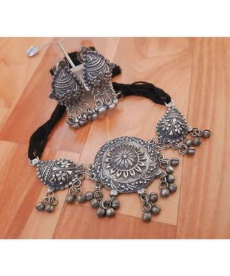 Silver Oxidised Vintage Choker Set for Women 2