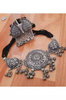 Silver Oxidised Vintage Choker Set for Women