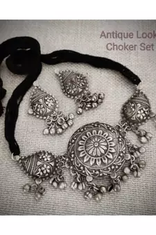 Silver Oxidised Vintage Choker Set for Women