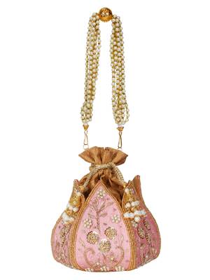 Anekaant Lotus Embelished Faux Silk Potli Pastel Pink & Gold 1