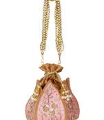 Anekaant Lotus Embelished Faux Silk Potli Pastel Pink & Gold