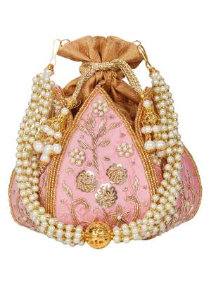 Anekaant Lotus Embelished Faux Silk Potli Pastel Pink & Gold 2