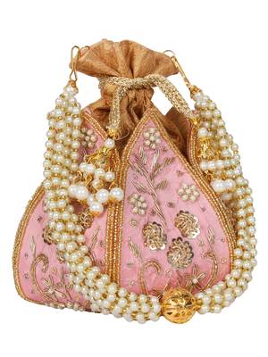 Anekaant Lotus Embelished Faux Silk Potli Pastel Pink & Gold 3