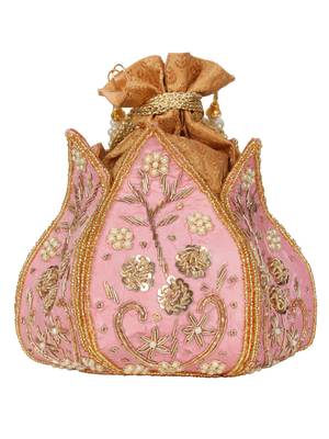 Anekaant Lotus Embelished Faux Silk Potli Pastel Pink & Gold 4
