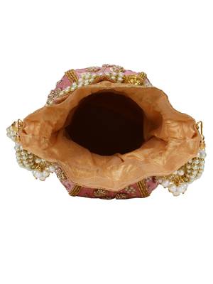 Anekaant Lotus Embelished Faux Silk Potli Pastel Pink & Gold 5