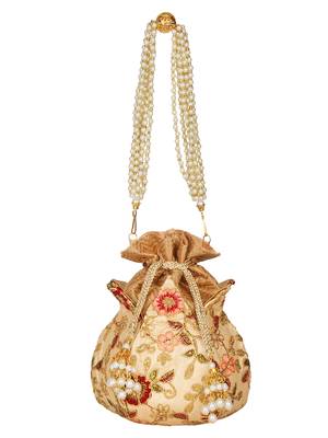 Anekaant Lotus Embroidered Faux Silk Potli Natural & Multi 1