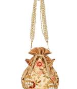 Anekaant Lotus Embroidered Faux Silk Potli Natural & Multi