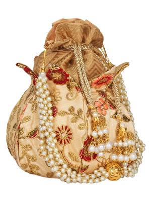 Anekaant Lotus Embroidered Faux Silk Potli Natural & Multi 2