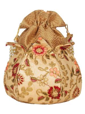 Anekaant Lotus Embroidered Faux Silk Potli Natural & Multi 3