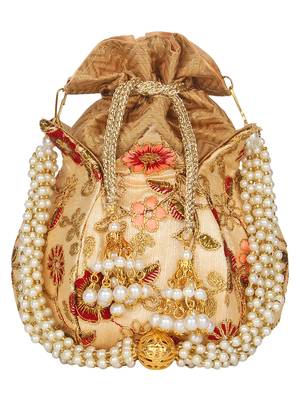 Anekaant Lotus Embroidered Faux Silk Potli Natural & Multi 4