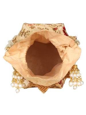 Anekaant Lotus Embroidered Faux Silk Potli Natural & Multi 5