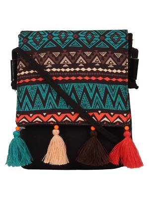 Geomat Digital Printed Cotton Canvas Sling Bag Black, Green & Multi 1