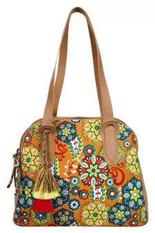 Anekaant Florid Printed Canvas & PU Shoulder Bag Beige & Multi