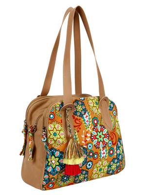 Anekaant Florid Printed Canvas & PU Shoulder Bag Beige & Multi 2