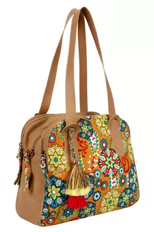 Anekaant Florid Printed Canvas & PU Shoulder Bag Beige & Multi