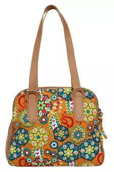 Anekaant Florid Printed Canvas & PU Shoulder Bag Beige & Multi
