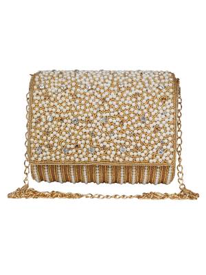 Anekaant Coffer Sequines Embellished Faux Silk Clutch Natural & Gold 1
