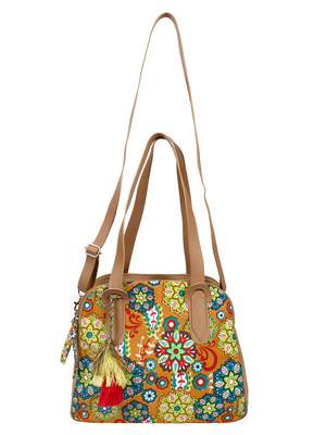 Anekaant Florid Printed Canvas & PU Shoulder Bag Beige & Multi 4