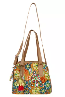 Anekaant Florid Printed Canvas & PU Shoulder Bag Beige & Multi