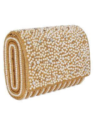 Anekaant Coffer Sequines Embellished Faux Silk Clutch Natural & Gold 2