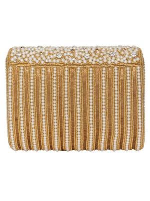 Anekaant Coffer Sequines Embellished Faux Silk Clutch Natural & Gold 3