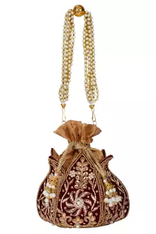Anekaant Lotus Embelished Velvet Potli Maroon & Gold