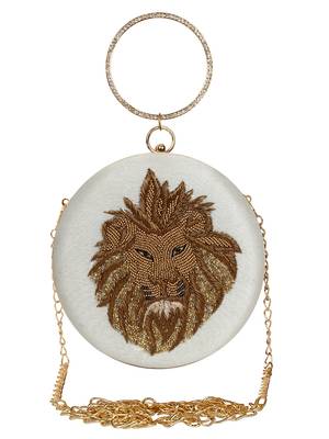 Anekaant Zodiac Embellished Faux Silk Clutch-Leo (Natrual & Gold) 1
