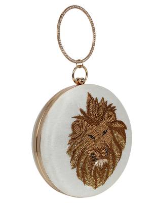 Anekaant Zodiac Embellished Faux Silk Clutch-Leo (Natrual & Gold) 2