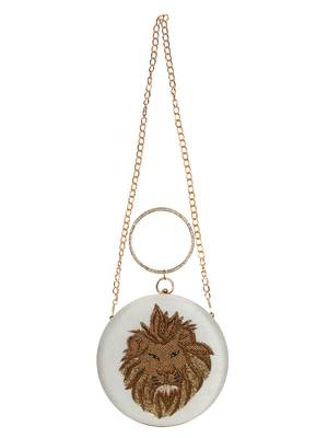 Anekaant Zodiac Embellished Faux Silk Clutch-Leo (Natrual & Gold) 4
